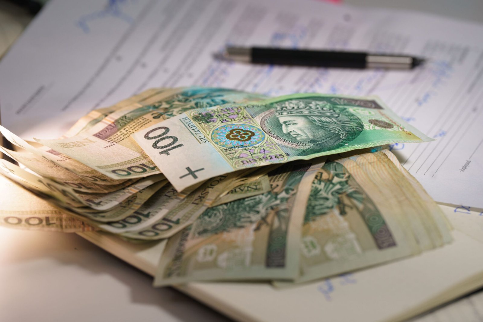 our-services-02 Stack of Polish zloty banknotes on financial documents with a pen, indicating monetary transactions in an office setting.